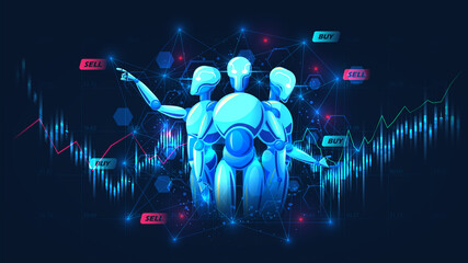 Graphic of Artificial intelligence trading crypto currency by snalyzing all indicators, Vector illustration