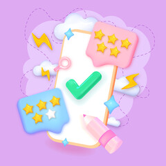 Phone with customer review rating messages vector illustration. Vector customer review concepts. Reviews stars with good rate and text. 3d render illustration