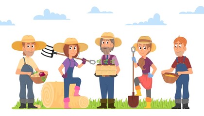 Farmers group. Agriculture farmer, farming workers community. People work on ground, planting and gardening. Local market owners decent vector scene