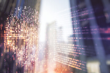 Abstract virtual code skull illustration on office buildings background. Hacking and phishing concept. Multiexposure