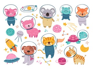 Fototapeta premium Cartoon space animals. Animal astronauts, spaceship and stars. Universe travel, kids funny friends. Childish adventures in cosmos neoteric vector set