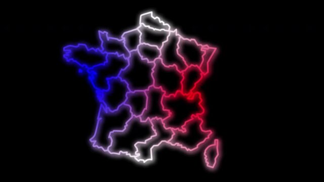 Seamless loop animation of map of France territory. Black background. Glowing drawing. Text France appearing.