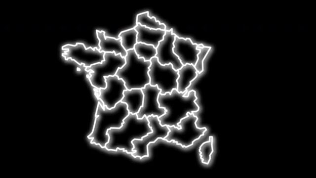 Seamless loop animation of map of France territory. Black background. Glowing drawing. Text France appearing.