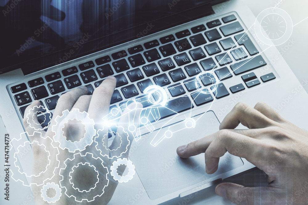 Aufkleber creative concept of robotics technology and hands typing on laptop on background. robot development 