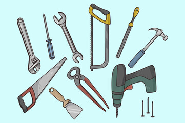 Collection of work tools for carpentry and woodwork. Set of building and repair instruments or equipment for masonry. Home renovation kit. Electric and manual toolkit. Flat vector illustration. 