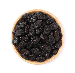 Bowl with sweet dried prunes isolated on white, top view