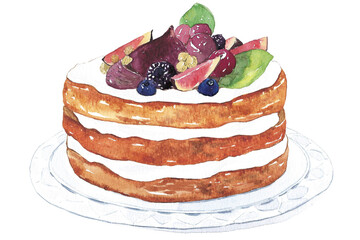 Fruit cake with figs, blackberris, blueberries watercolor illustration. Isolated on white background..