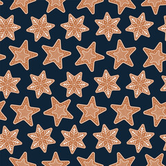 Snowflake and Star-Shaped Gingerbread Cookies Seamless Pattern. Decorated Cookies Background for Festive Party Packaging, Decoration, Recipe book, Cover, Giftwrapping, Card, Recipe Video Thumbnail