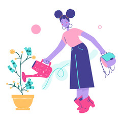 A girl watering a flower with money