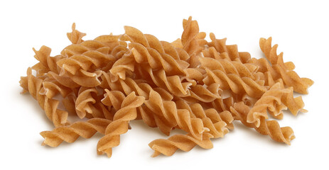 Wolegrain fusilli pasta from durum wheat isolated on white background with clipping path and full...