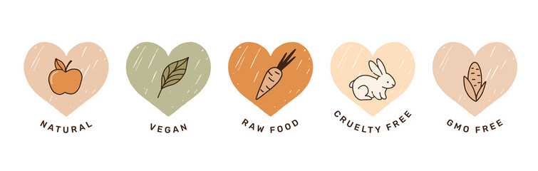 Hand drawn natural, vegan, Gmo free icons, stickers