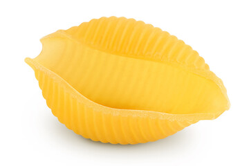 Uncooked dried conchiglie. Raw organic shell pasta isolated on white bachground with clipping path and full depth of field