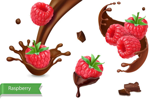 Raspberry realistic in chocolate splash set. Chocolate-dipped red berries 3d realistic vector