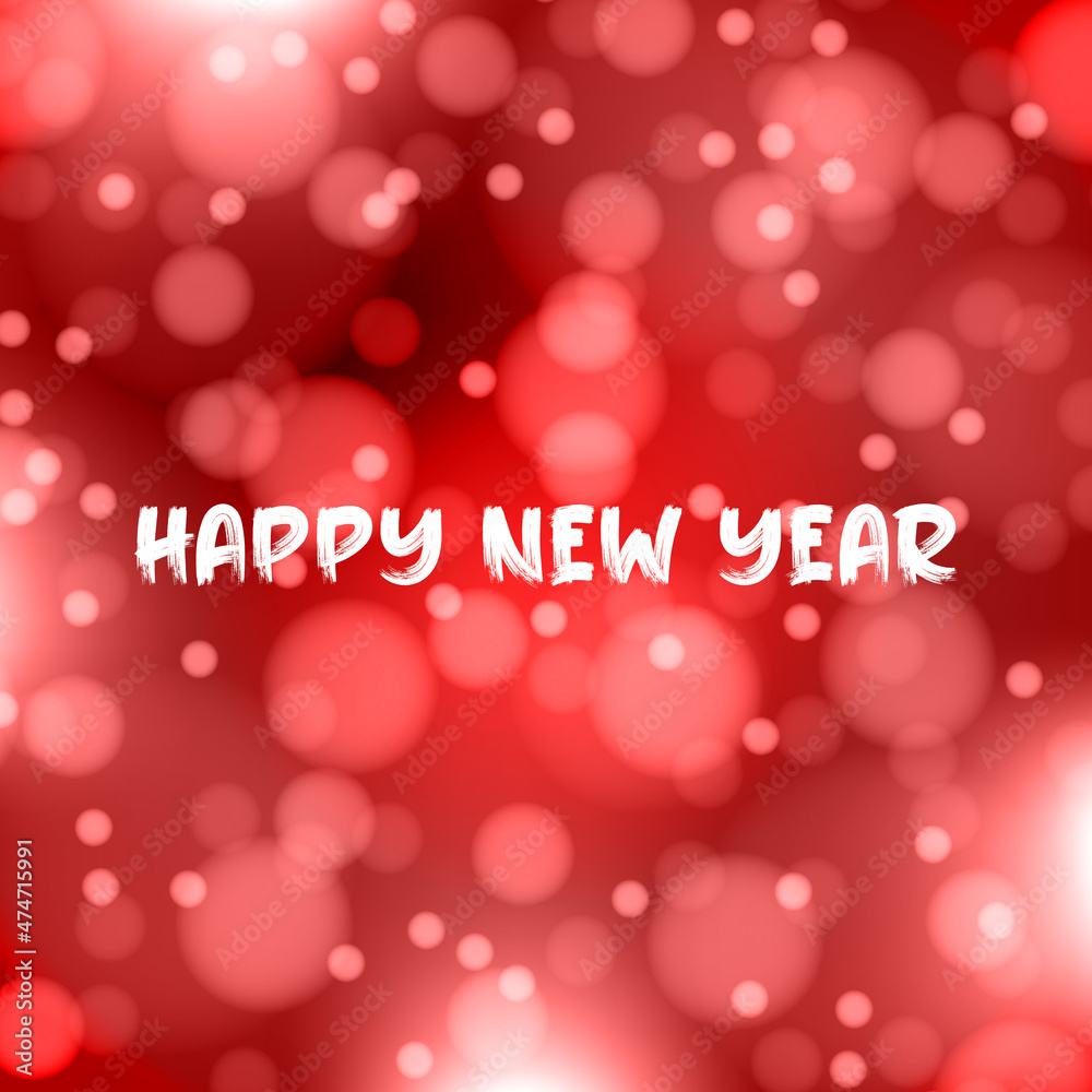 Fototapete Happy New Year text message with defocus lights on a red background.