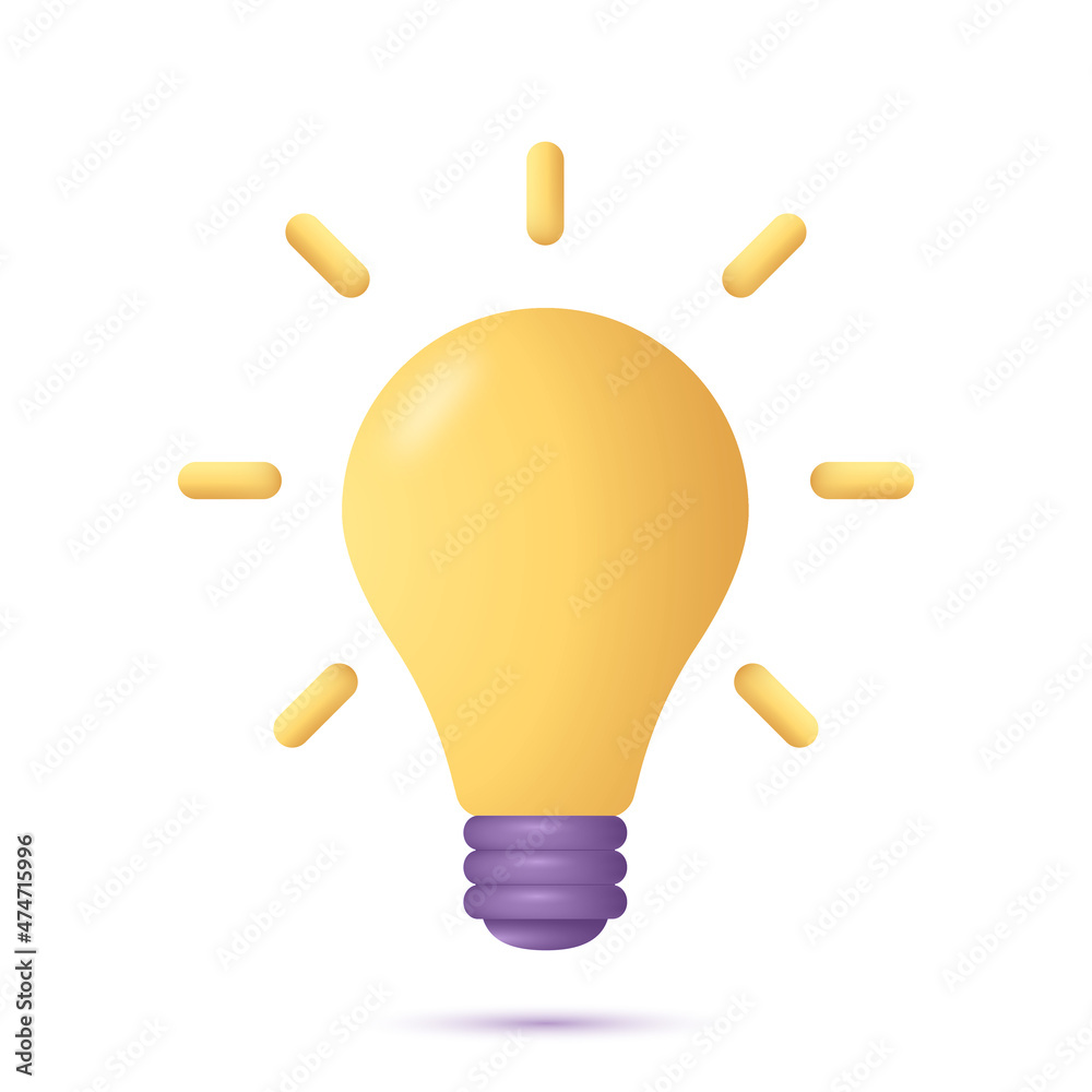 Poster 3d light bulb icon in cartoon style. 3d electric lightbulb with rays of light. concept of idea emerg