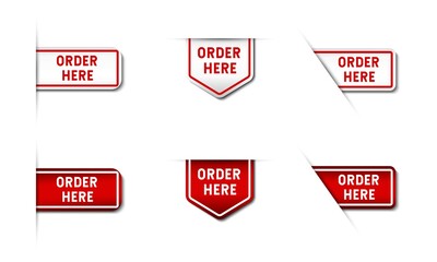 Order Here Sign Label. With 3D arrow symbol on gradient red and white color. Premium and luxury illustration vector