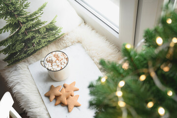 Winter coffee with marshmallow and cookies on cozy window sill with Christmas tree. Close up.