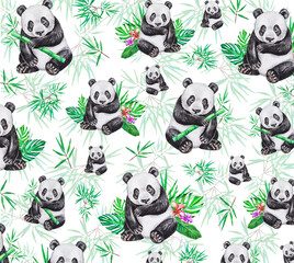 Pattern of funny panda bears and bamboo leaves. Watercolor. Idea for textiles, prints, covers and more. 