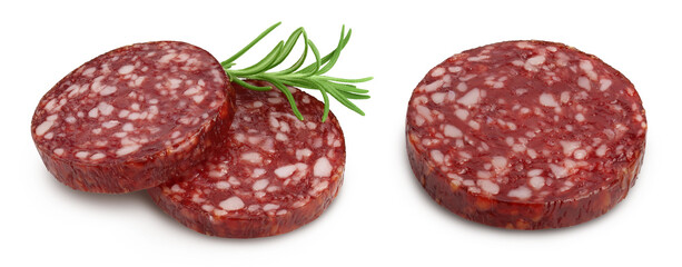 Smoked sausage salami slice isolated on white background with full depth of field. Set or collection