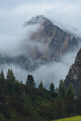 The Dolomites, in the Italian Alps, seen from the Falzarego pass, near the town of Cortina d'ampezzo, Italy - August 2021.