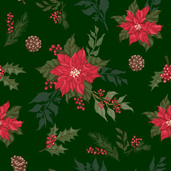 Christmas Poinsettia Digital Papers, Seamless Patterns, Winter Flower Design Illustration, 12 inches
