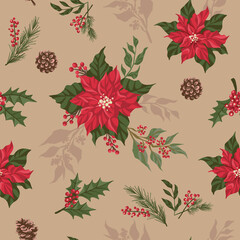 Christmas Poinsettia Digital Papers, Seamless Patterns, Winter Flower Design Illustration, 12 inches