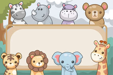 Obraz premium Cute african animals with blank sign. with a beautiful natural scenery background