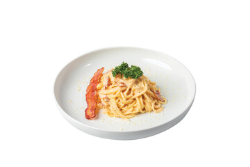 Spaghetti carbonara with egg or Classic homemade carbonara pasta with, egg, hard parmesan cheese and cream sauce. Italian cuisine. Spaghetti alla carbonara.