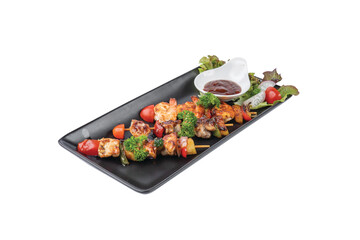 Pork, chicken, shrimp, grilled and vegetables isolated on white background, bbq pork, chicken, shrimp