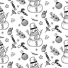 Pattern with Christmas elements in doodle style for fabric, Cute snowman. Wallpaper for wrapping a gift for the new year.