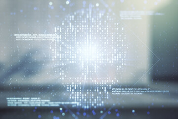 Abstract virtual creative code skull hologram on contemporary business center exterior background, theft of personal data and malware concept. Multiexposure