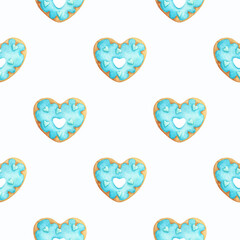 Doughnuts with a white, blue glaze. A pattern with a watercolor illustration of a heart-shaped cookie. Seamless pattern on a white background. Print for fabric, textiles, stationery, paper, design