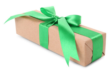 Gift box with green bow isolated on white
