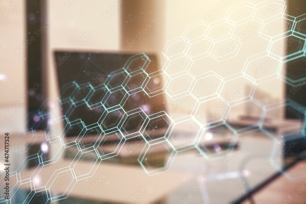 Poster creative abstract wireless technology hologram with hexagon on modern computer background, artificia