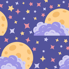 Seamless pattern of night sky with clouds and moon surrounded by stars different shapes in a flat style. . Vector illustration