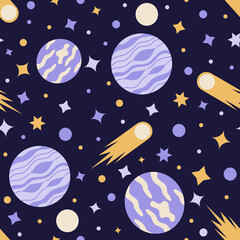 Seamless pattern of deep space with planets and stars, comets and asteroids in a flat style. Vector illustration