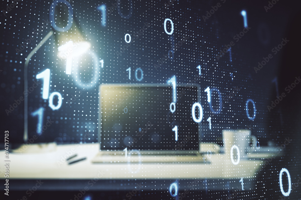 Aufkleber creative abstract binary code sketch on modern laptop background, hacking and matrix concept. multie