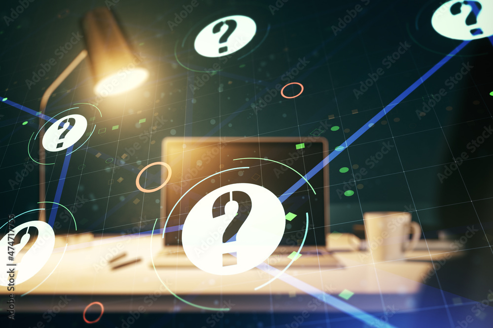 Aufkleber Creative abstract question mark sketch on modern laptop background, FAQ and research concept. Double exposure