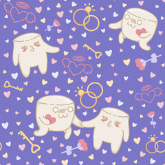 Seamless pattern with marshmallow getting married, love pattern with rings, love key, flower and coloured hearts, flat style. Vector illustration