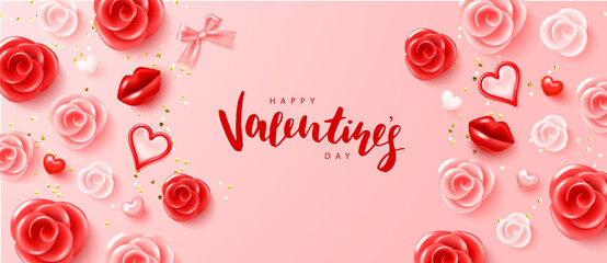 Happy Valentine s Day poster with realistic 3d roses, hearts, lips, bow and golden confetti.Festive background for February 14 with hand lettering.Vector design for postcards, advertising material