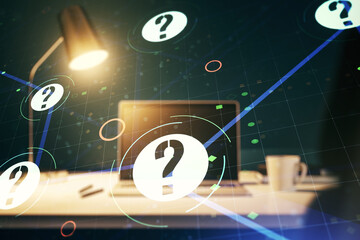 Creative abstract question mark sketch on modern laptop background, FAQ and research concept....