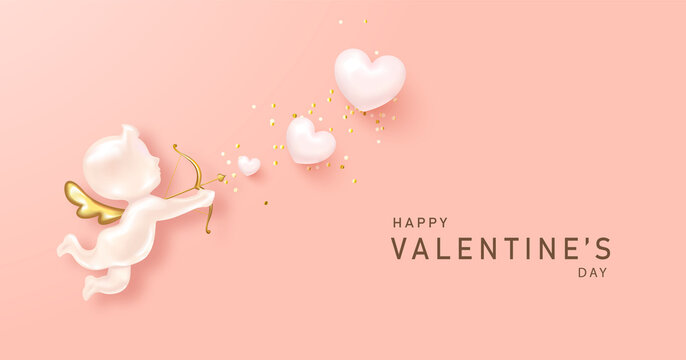 Happy Valentine s Day poster with realistic 3d angel cupid, hearts and confettti.Festive background for February 14.Vector design for postcards, advertising material, websites