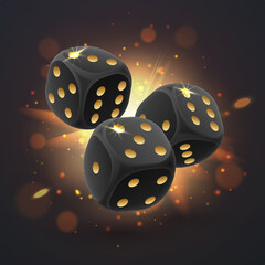 Three black dice from different sides with gold, golden dots with light, rays, glare, sparkles on black. Vector illustration for casino, game design, card, flyer, poster, banner, web, advertising.