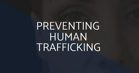 Animation of stop human trafficking text over caucasian woman
