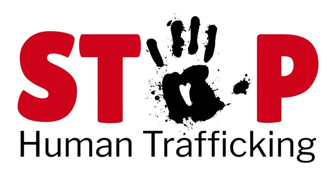 Animation of stop human trafficking text with black hand on white background