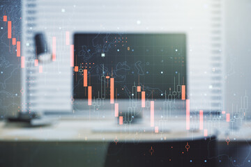 Creative abstract economic crisis chart with world map hologram on modern computer background, bankruptcy and recession concept. Multiexposure