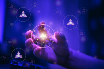 Cyber ​​punk tone image of person touching virtual screen to scan fingerprint, digital transformation management concept. Internet of Things, Big Data and Business Processes, Cloud Computing