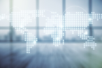Abstract virtual world map with connections on empty corporate office background, international trading concept. Multiexposure