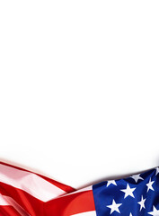 USA flag on white background. Top view, copy space. American flag for Memorial Day, 4th of July, Labour Day concept