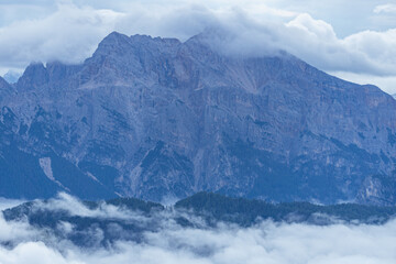 Obraz premium The forest and nature in the early morning in the Dolomites, near Passo delle Erbe, Trentino - Alto Adige, Italy - August 2021.